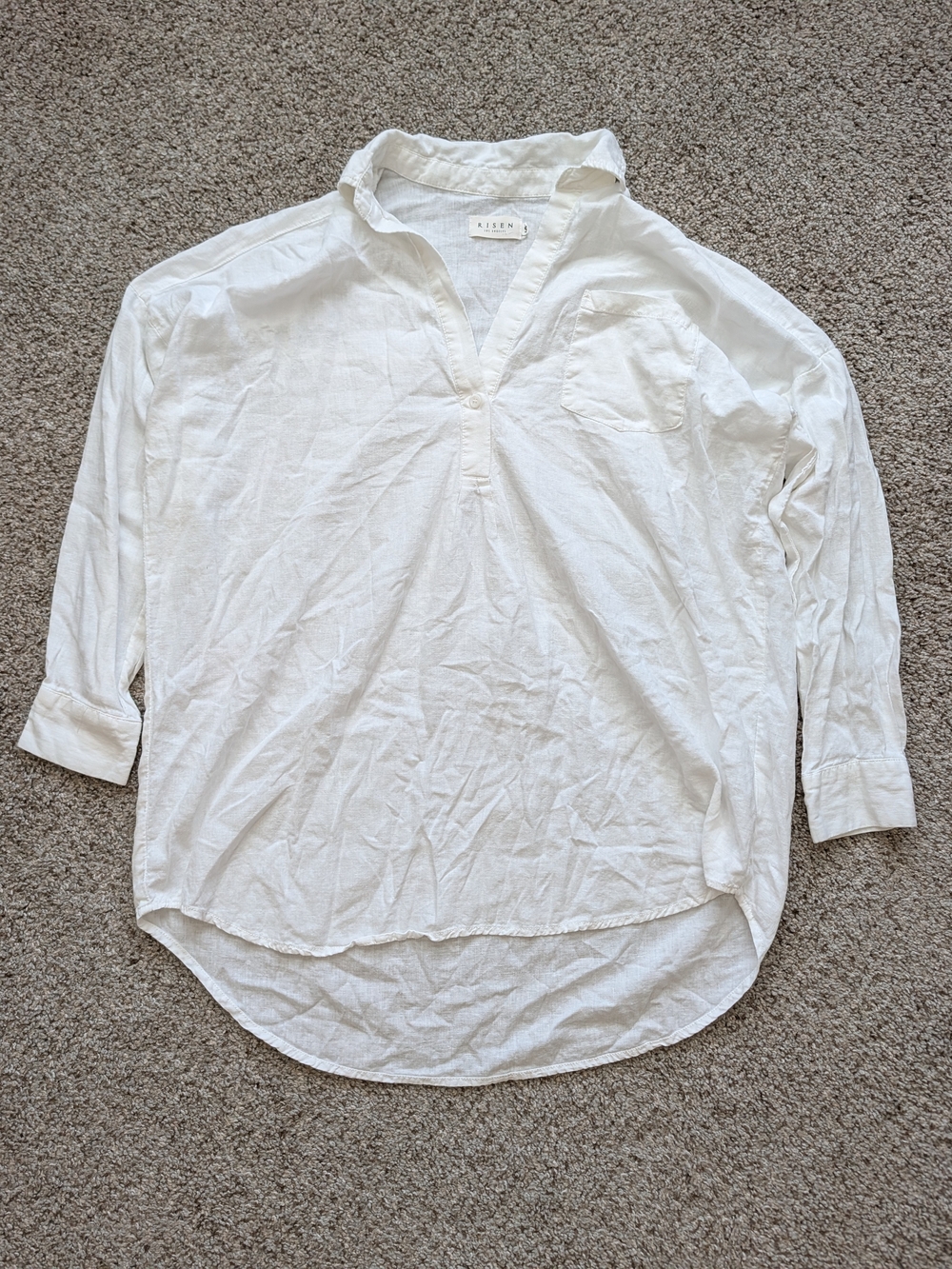 Risen Unisex White Linen Blend Oversized 3/4 Sleeve Tunic Blouse Shirt Small